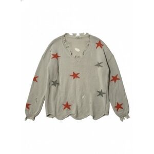 Distressed Star Sweater V Neck Long Sleeve Knit Pullover Top Sz XL No Tags